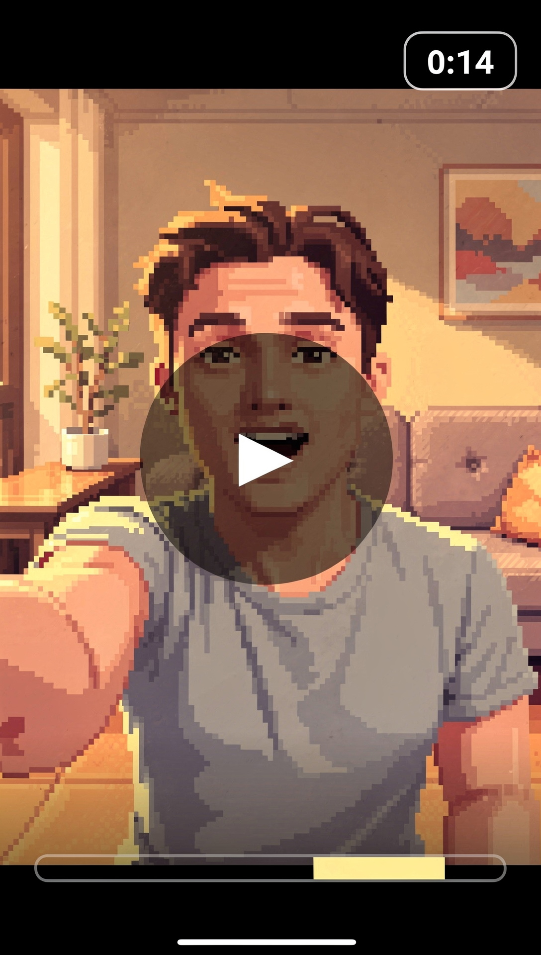 Video-thumbnail-style pixel art of a creator mid-sentence talking to camera, styled as a paused UGC video