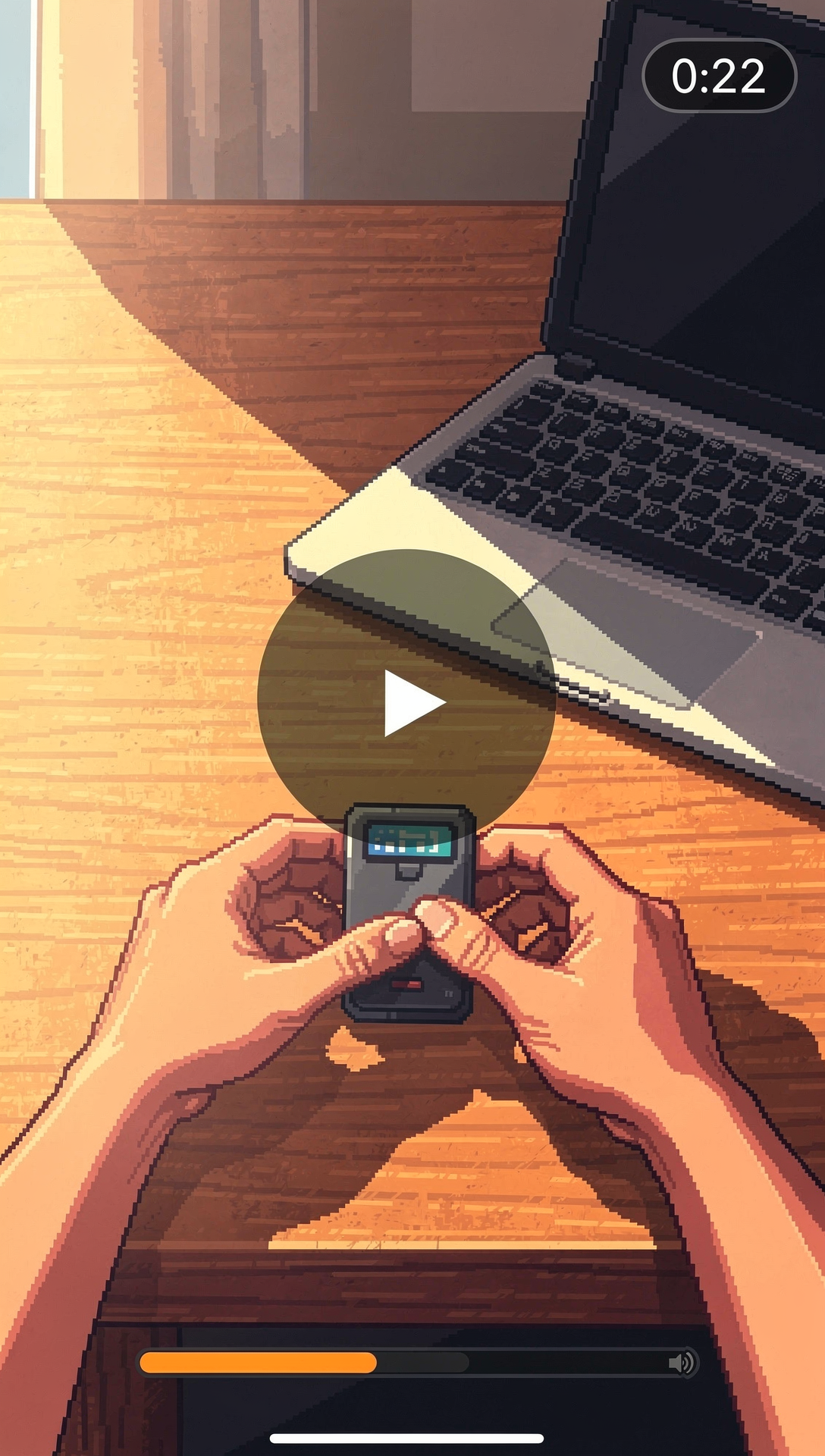 Video-thumbnail-style pixel art of hands demonstrating a product on a desk, styled as a paused UGC video