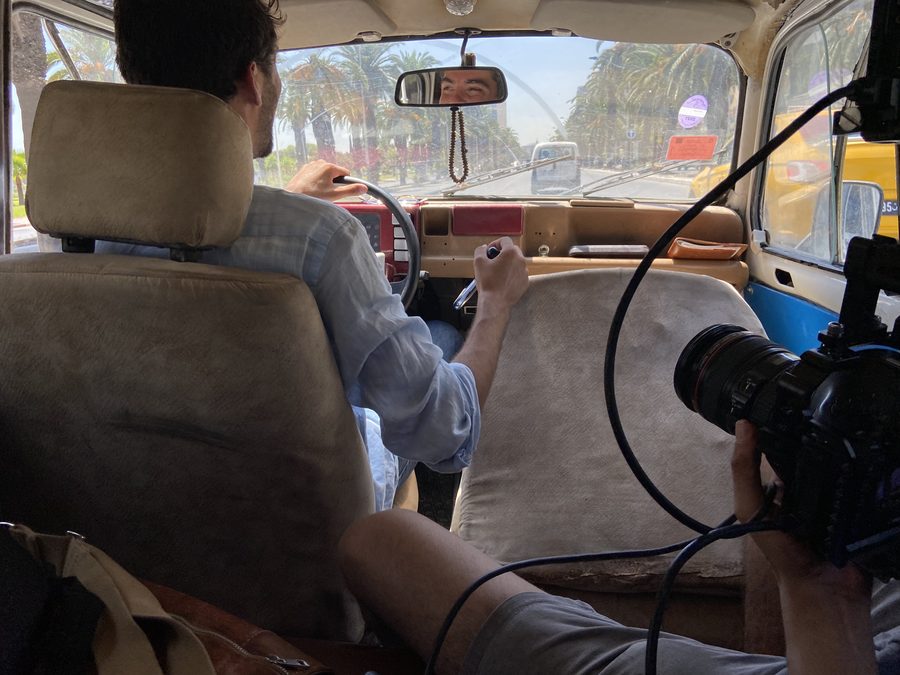On a shoot, filming from the back seat
