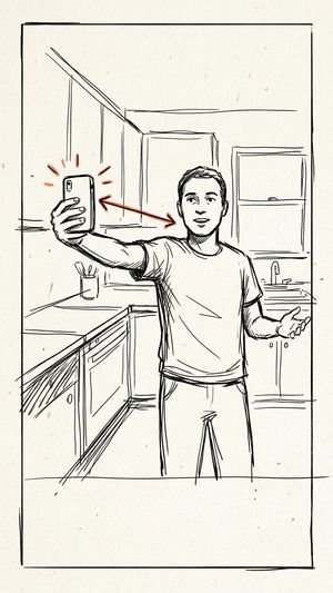 Storyboard sketch: To camera, phone at arm's length, kitchen