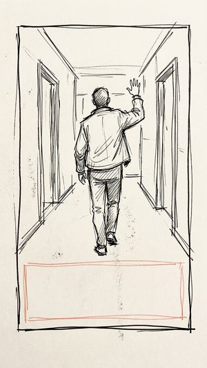 Storyboard sketch: Walk out, caption carries the ask